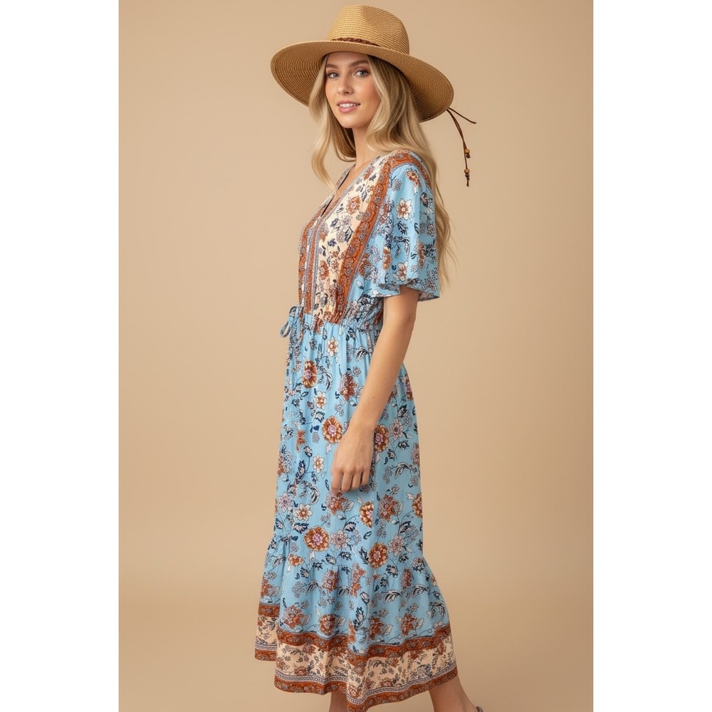 NEW Blue Floral‎ Boho Midi Dress Size Large V-Neck Summer Lightweight